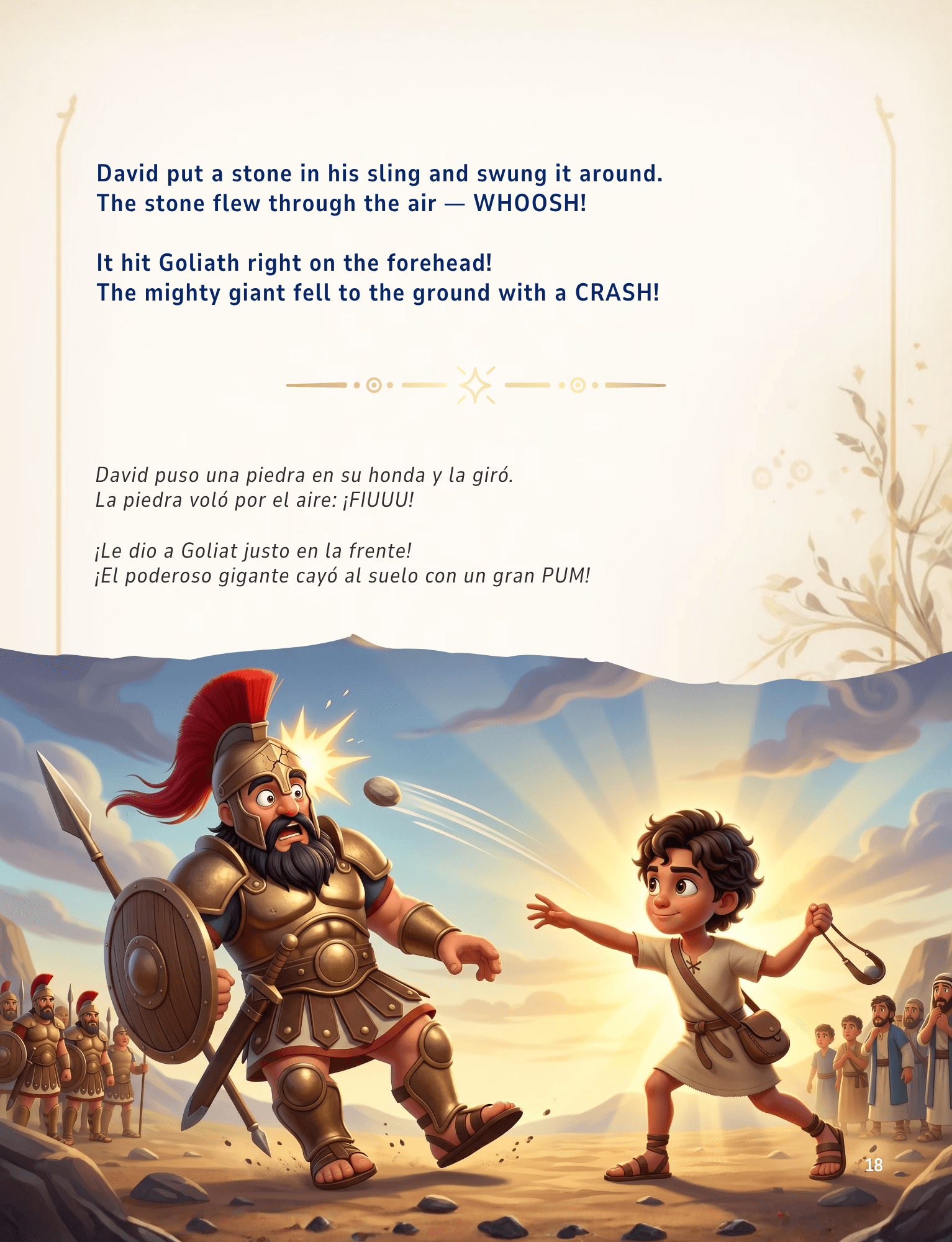 Featured spread from David Learns About Courage — page 18, David facing Goliath